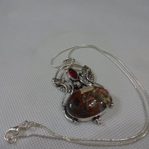 Natural "BRECCIATED JASPER & RUBY" Handmade Sterling Pendant/Chain #538A - Picture 2 of 3